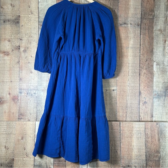 GAP Blue Gauze Medium Midi Dress Boho Tiered Peasant V Neck Cotton Cottagecore - Picture 2 of 6